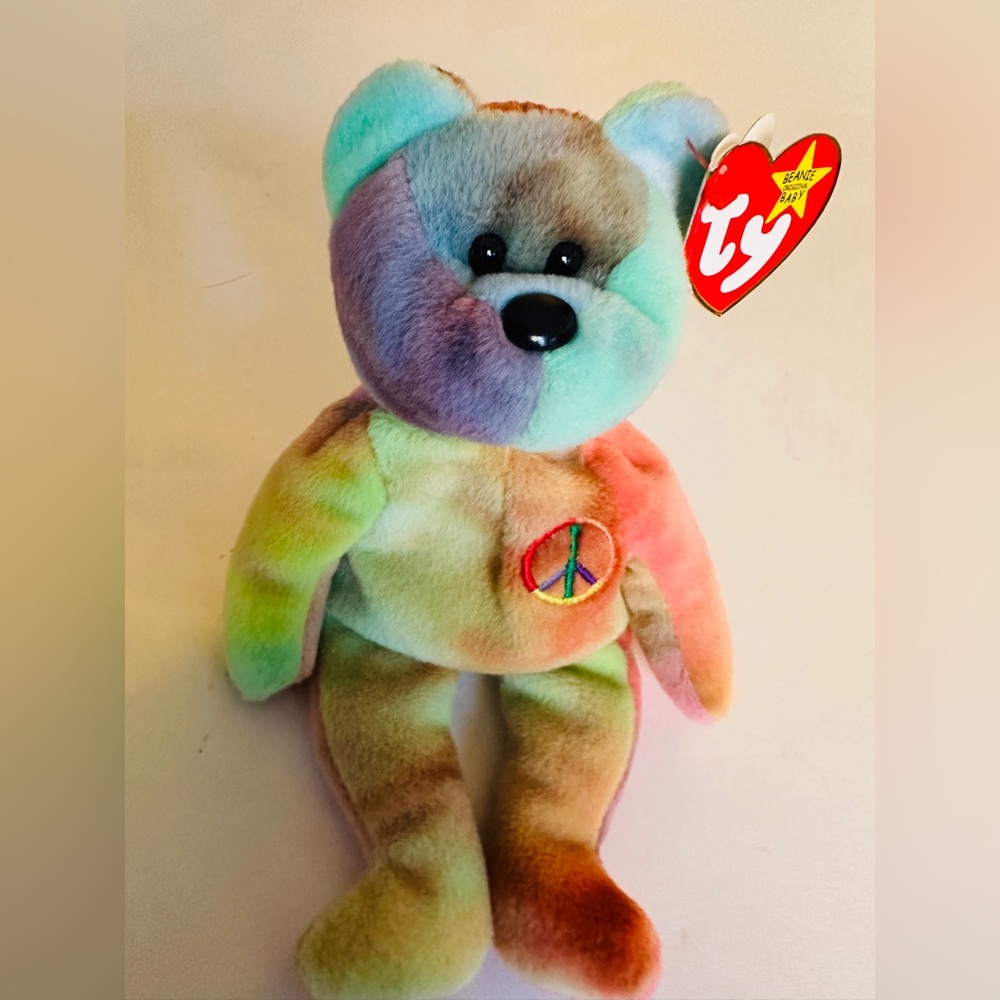 Ty Peace Bear Beanie Baby PVC Pellets Tag Errors No UK, Comma Rare Tie Dye